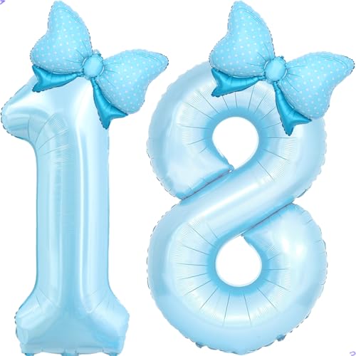Image of Light Blue 18 Balloon Number Blue Coquette Birthday Decorations for Girls, Blue Bow Balloons Foil Mylar Large 40 inch 18 Balloon for Girls Bows Coquette 18th Birthday Party Decorations Supplies