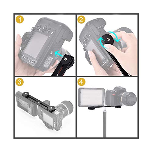 Soporte de cámara dual con barra de extensión y tornillo de 1/4 para flash y DSLR 4