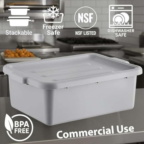 6-Pack 20\" x 15\" x 7\" Commercial Bus Tub/Bus Box - 9 Gallons with Lid - Heavy-Duty Polypropylene Dish Box for Restaurants, Kitchens, and Foodservice - Stackable and Freezer-Safe - Gray