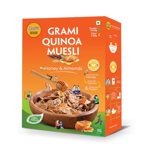 Image of Grami quinoa muesli honey and almonds with high protein | 100% natural millet based complete nutrition muesli | with 68% Quinoa flakes and 12% almonds | Sweetened with honey | Breakfast cereal for energy and improving strength | with no added artificial preservatives or colour | 500g
