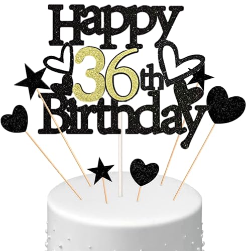 Conruich Decorazione per Torta di Compleanno 36 anni Uomo Donna, Cake Topper Happy 36th Birthday Oro Nero, Torta Torta Stella Cuore Nero per Decorazione Festa 36 anni Compleanno Donna Uomo