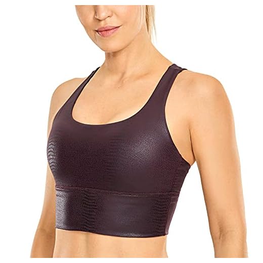 CRZ YOGA Sutiãs esportivos femininos de médio impacto sem fio acolchoado strappy longline Lagarto Dark Russet G