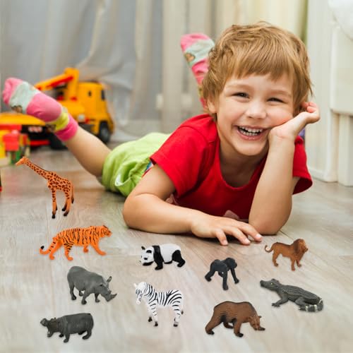 12 Stück Safari Tiere Figuren Set, Realistische Dschungel Wildtiere Figuren aus Kunststoff, Mini Tierfiguren Spielzeug für Kinder, Jungen & Mädchen, Lernspielzeug, Tortenaufsatz, Geschenkidee