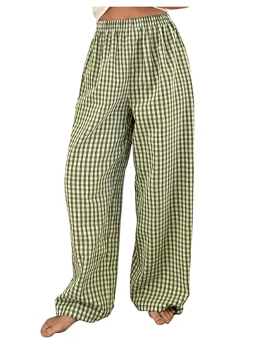 OYOANGLE Women's Plaid Print Linen Long Pants Elastic High Waisted Wide Leg Y2K Loose Casual Trousers