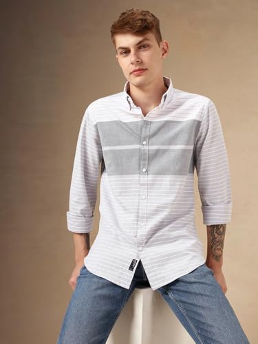 Image of Dennis Lingo Men Blue 100% Cotton Full Sleeve Button Down Collar Stripes Shirts