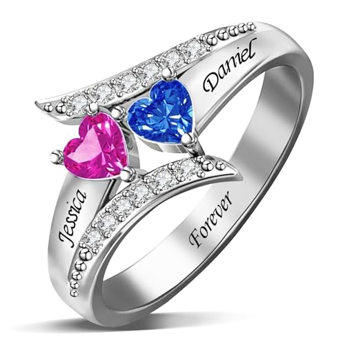Personalized Birthstone Rings for Women, Custom Mothers Ring with 2 Birthstones, Sterling Silver Couples Name Rings for Her, Gifts for Wife Mom