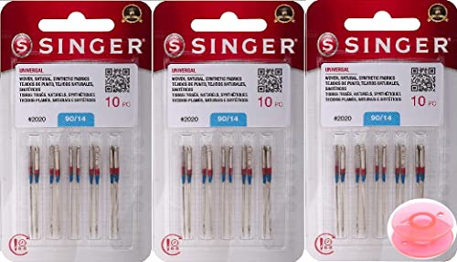 Singer 30 Counts Size 90/14 Universal 2020 Sewing Machine Needles (3 Packs) Bundle With Inceler Brand Plastic Bobbin For All Household Sewing Machines #TOP4