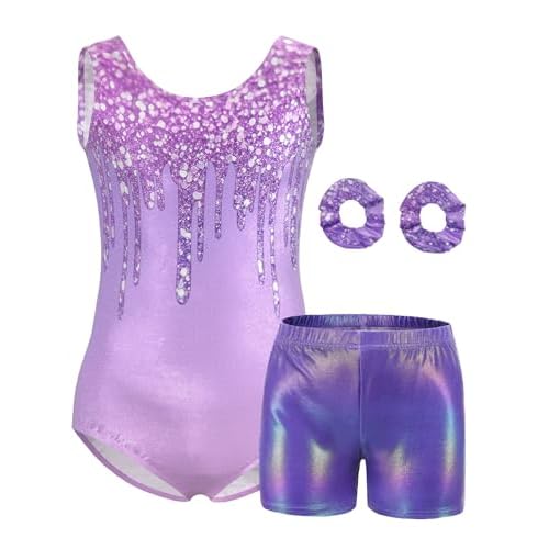 MOLLDAN Girls Gymnastics Leotard Athletic Biketard Unitard Tumbling Activewear Outfits for kids Purple Print Set 8Y(8-9 Years)