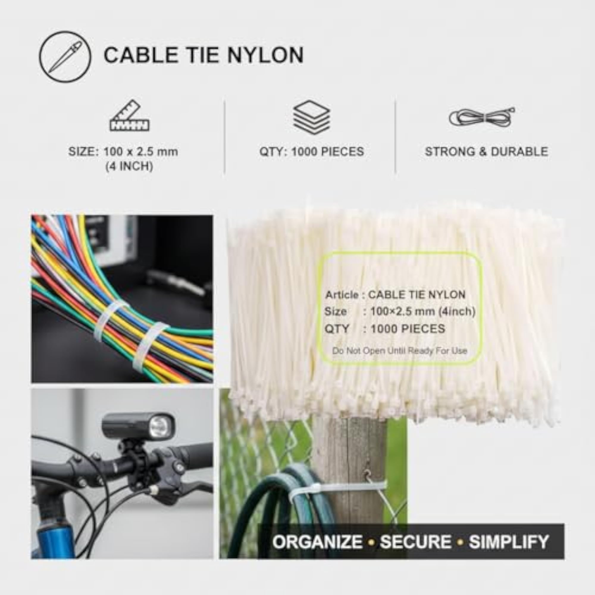 Nylon Cable Ties, Self Locking, Pack of 1000