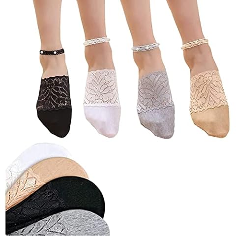FHSW 4 PCS Pearl Lace Socks for Women, Pearl Lace Socks, Crystal Tulle Pearl Summer Socks, No Show Socks with Silicone Heel Grip, M Cover