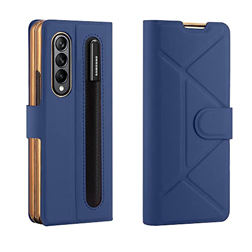 Coque Samsung Z Fold 3 cuir texturé bleu avec porte-stylo