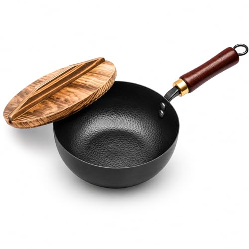 VIVIDCOOKWARE 7.8-Inch Small Carbon Steel Wok with Wooden Lid 1.6QT