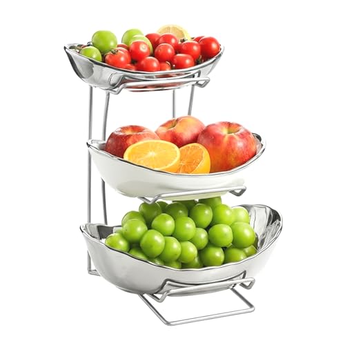 MEIGLQEA Gold Silver Fruit Bowl with Metal Stand, 3 Tier Ceramic White Fruit Bowl Fruit Rack for Kitchen Counter, Tiered Fruit Basket for Snacks Bread Candy Storage (Silver (Smooth Surface))