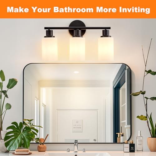 Image of DLLT 3-Light Bathroom Light Fixtures: Black Modern Vanity Lights with E26 Bulbs - Milky White Glass Shade Bathroom Wall Lamp for Mirror Kitchen Living Room Hallway Cabinet Porch