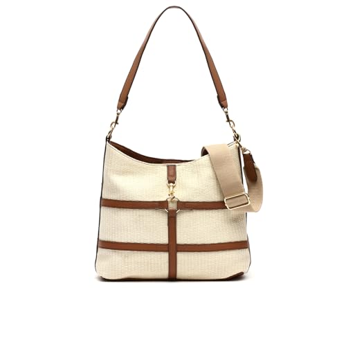 MISAKO Petunias bolso hobo mediano efecto rafia con asa bandolera - Bolso mediano de moda primavera verano rafia - Bolsos casual de mujer para diario Petunias Camel 26 X 27 X 10 cm