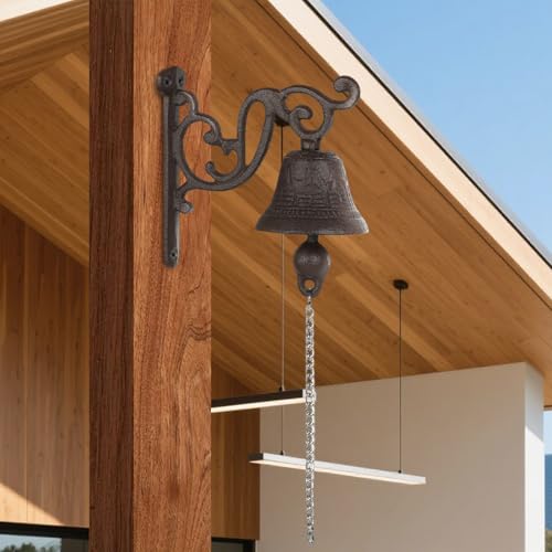 Timbre de puerta de hierro fundido, campana de jardín con cordón, diseño antiguo, campana de pared para puerta de casa, decoración de jardín, campana para decoración de exteriores (1, A)