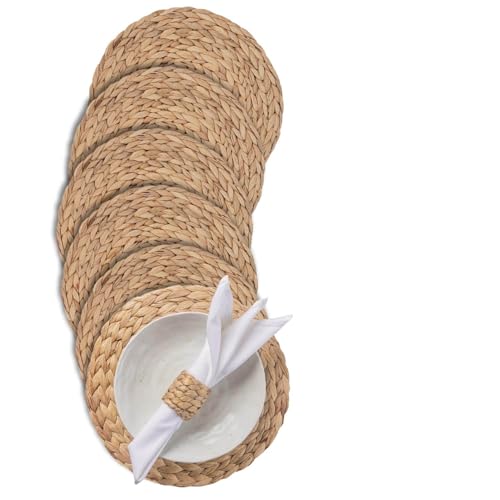 Image of Laquedecraft 13.8 inch Set of 6 Round Water Hyacinth Placemats | Boho Woven Rattan Table Mats | Farmhouse Wicker Spring Plate Chargers Like Water Hyacinth, Seagrass for Wedding, Party, Christmas, Events
