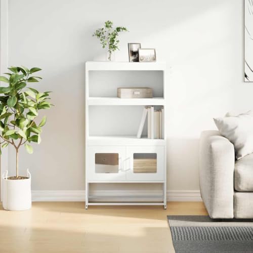 Tonture Highboard biały, 68 x 39 x 123 cm, wytrzymała stal walcowana na zimno, z 2 drzwiami i półkami, wszechstronne miejsce do przechowywania, do salonu, kuchni