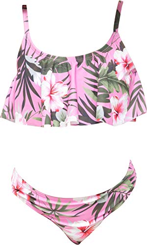 ToBeInStyle Girls' Two Piece Scoop Neck Top Bikini & Matching Skort - Flower Garden Pink - 2-3