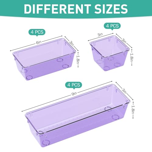 Image of WOWBOX 12 Pack Clear Drawer Organizer Set, Acrylic Drawer Storage Trays, Storage Bins for Makeup, Cosmetics, Jewelries, Utensils, Gadgets, Office, Purple