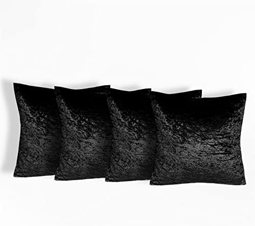 Sienna Crushed Velvet Pack of 4 Cushion Covers 18 x 18 for Living Room Bedroom Plain Decorative Luxury Home Bed Sofa - 45 x 45cm, Black