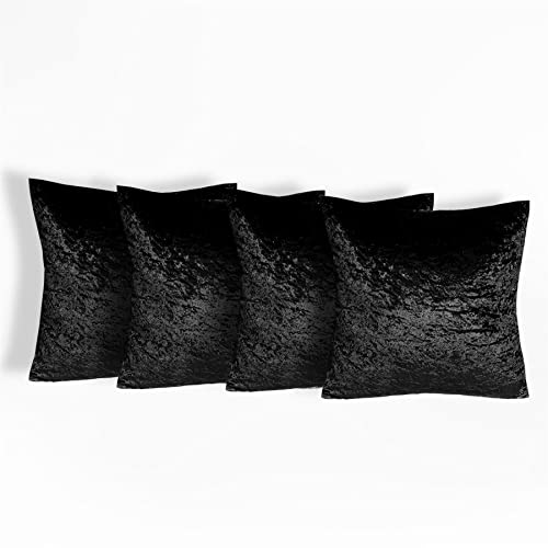 Sienna Crushed Velvet Pack of 4 Cushion Covers 18 x 18 for Living Room Bedroom Plain Decorative Luxury Home Bed Sofa - 45 x 45cm, Black