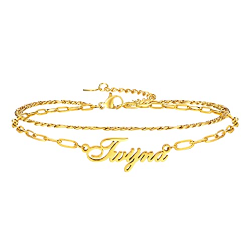 Personlized Name Anklet For Women, Custom Carved Nameplate Anklets,18K Gold Plated Stainless Steel Layered Layering Paperclip Figaro Chain Anklet, Adjustable Girls Name Anklet, Gift For Her #TOP16