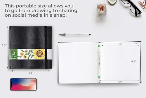 Ohuhu Marker Pads Art Sketchbook,8.3"×8.3",Portable Square Size,120 Lb/200 Gsm Heavy Smooth Drawing Papers,78 Sheets/156 Pages,Hardcover Sketch Book,Specially Designed For Alcohol Markers,Multicolor