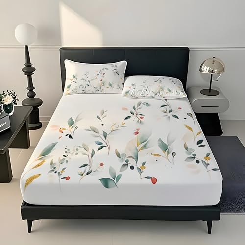 Sabana Bajera 135x190 Plantas Sabanas Bajeras Estampadas Hojas Sábana Bajera Ajustable Suaves, Elastico Funda Colchon con 2 Funda Almohada 50x80 cm, para Colchón de 30cm de Altura