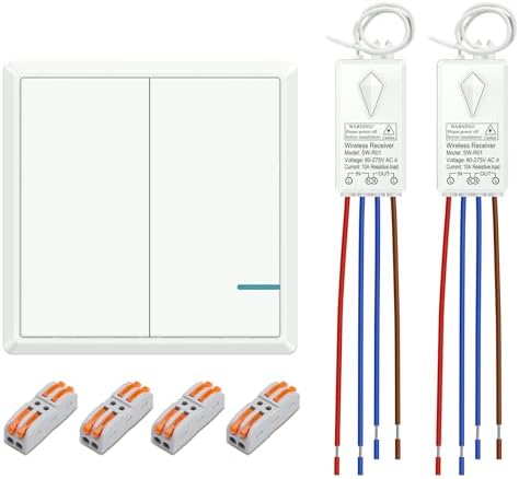 Funk Lichtschalter Set 230V, Thinkbee 2-Kanal-Funkschalter mit 2 Empfängern | 2 Lampen separat schaltbar, ohne Schalterleitung, 500 m Freifeld, IP66-Panel zum Kleben, je 10 A/1000
