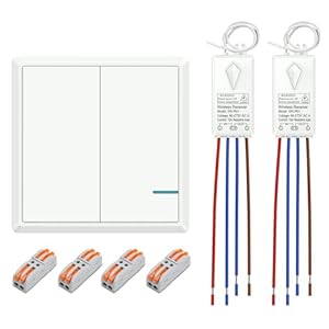 Lichtschalter Set 230V Funkschalter - Thinkbee 2-fach Funk Lichtschalter mit 2 Empfängern, kabelloser Wandschalter/Funktaster für 2 Lampen, IP66 Schalterpanel, bis 500 m Reichweite,1000W,ohne WLAN/App