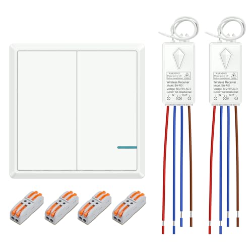 Lichtschalter Set 230V Funkschalter - Thinkbee 2-fach Funk Lichtschalter mit 2 Empfängern, kabelloser Wandschalter/Funktaster für 2 Lampen, IP66 Schalterpanel, bis 500 m Reichweite,1000W,ohne WLAN/App