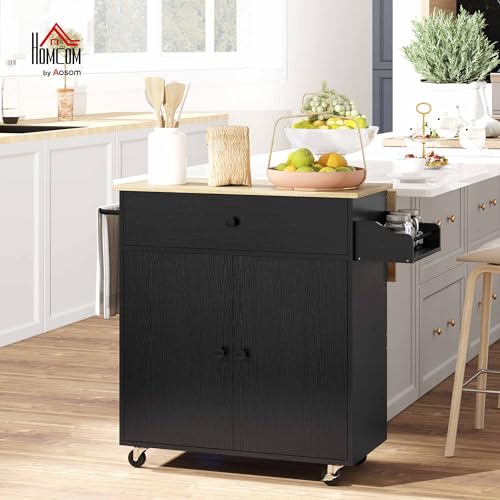 Miniatura 2 de Homcom Isla De Cocina Con Ala Abatible Carrito De Cocina Mueble Auxiliar De Cocina Con Ruedas 2 Puertas Cajón Especiero Toallero Y Estante Ajustable 106x42x87 Cm Negro Y Roble