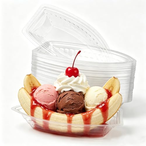 CZWESTC 100 Count Bulk Banana Split Boats, 8 oz Clear Plastic Ice Cream Bowls, Heavy Duty Disposable Sundae Dishes for Concession Stands, Restaurants, Large Events, and Catering Supplies
