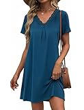 Litherday Camisón Mujer Verano Algodón con Encaje Cuello en V Pijama Camisón de Dormir Suave y Elegante Ropa de Casa Azul de Cobalto L