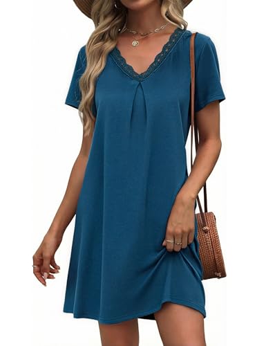 Litherday Chemise de Nuit Femme Coton Robe de Nuit Col V Dentelle Manches Courtes Nuisette Vêtement de Nuit Bleu Royal XL