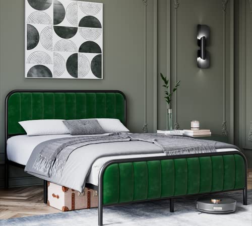 Senfot King Bed Frame Modern Heavy Duty Velvet Upholstered Platform With Dense Sponge Headboard No Box Spring Needed In Green And Black #TOP3
