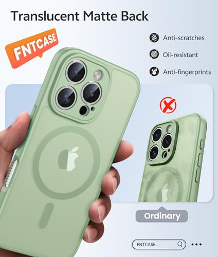Image of FNTCASE for iPhone 16 Pro Max Case: [Compatible with Magsafe] Translucent Matte Cases with [Full Camera Protection] [Screen Protector] Military Grade Shockproof Protective Phone Cover - Light Moss