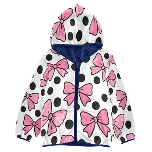 Pink Bows on Polka Dots Toddler Fleece Jacket Girl Boys Hooded Fleece Jacket Coat Warm Outwear Zip-up 3-10T