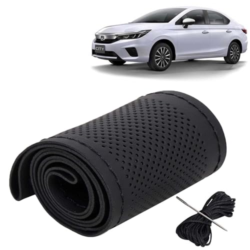 Image of KINGSWAY PU Leatherite Car Steering Cover Sewable Compatible with Honda City (Year 2020-2022), Black Color with Black Thread, Pack of 1 with Sewing Needle and Thread
