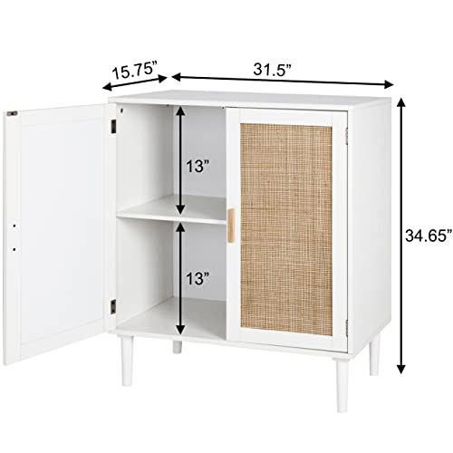 Finnhomy Sideboard Buffet Cabinet, Kitchen Storage Cabinet With Rattan Decorated Doors, Liquor Cabinet, Dining Room, Hallway, Cupboard Console Table, Accent Cabinet, 31.5X 15.8X 34.6 Inches, White #TOP2