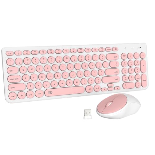 Image of FD iK6630 Wireless Keyboard and Mouse Combo - 2.4GHz USB Cordless, Cute Round Keys, Quiet and Slim Set for Laptop, Computer, TV, and Mac - Salmon Pink & White