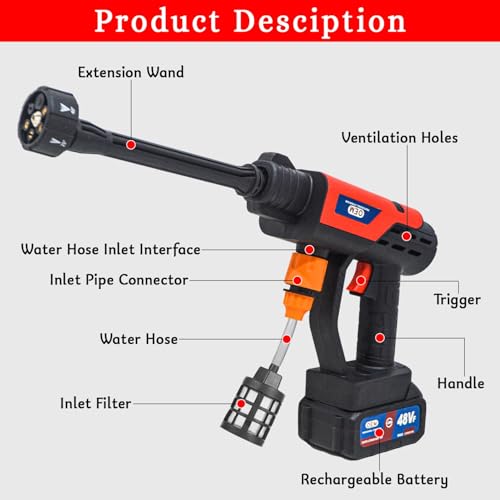 Image of OEM Portable Cordless Washer Gun 48V with Two 6 Ah Batteries, Extension Rod, Inlet Pipe, Foam Pot, Water Connector, Charger & Water Filter for Car, Home & Garden Cleaning