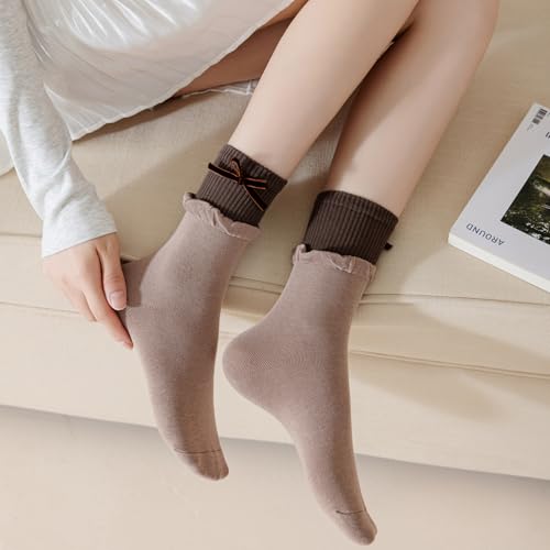 Image of Yomutiur Crew Socks for Women, Double Ribbed Sock Cuff with Cute Bow Sweet Cotton Rolled Socks Odor-resistant