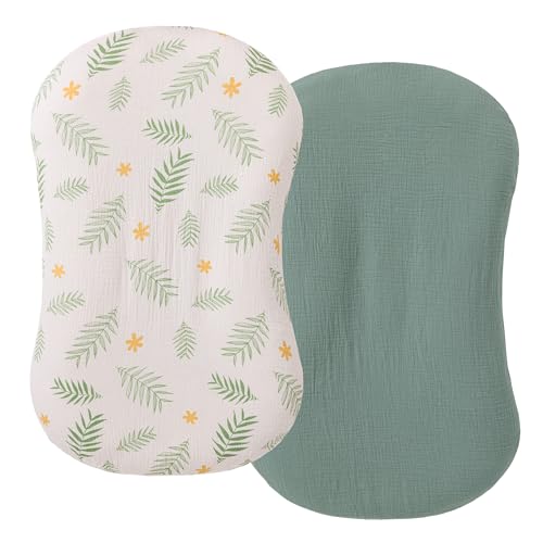 Image of Deppon Muslin Baby Lounger Cover 2 Pack, Organic Cotton Removable Slipcover for Newborn Lounger, Soft and Breathable Infant Lounger Cover for Boys Girls, Roman Green & Leaves, DP2-1
