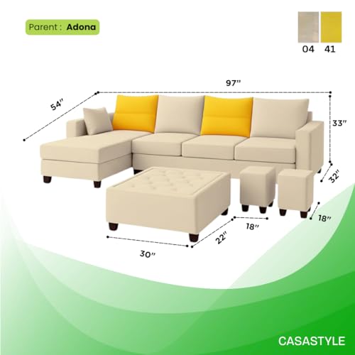 Image of CASASTYLE Texon 8 Seater Fabric LHS L Shape Sofa Set with 1 Centre Table & 2 Puffy (Yellow-Cream) Velvet Finish | Comfortable Sectional Sofa for Living Room