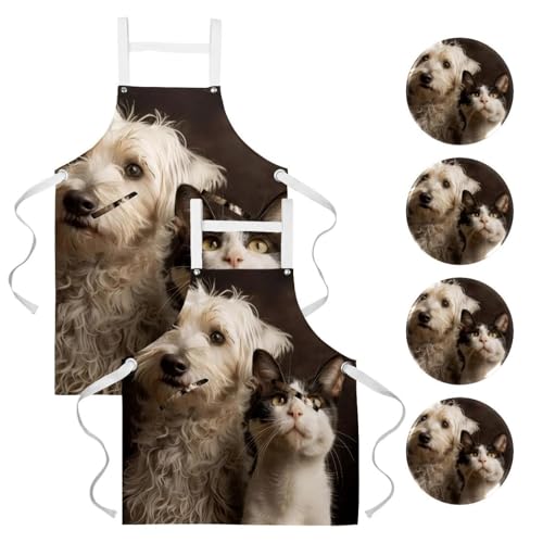 Lot de 2 tabliers de cuisine Yorkshire Terrier et chat avec 4 broches pour bistrot