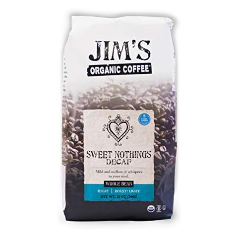 Jim’s Organic Coffee – Sweet Nothings Decaf – Light Roast, Whole Bean, 12 oz Bag Cover