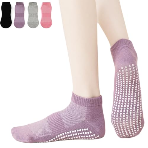 YSZC Mesh Yoga Pilates Socks for Women & Men, Non-Slip - 4 Pairs Multi-Color Yoga Socks for Studio & Home Workouts (Purple), Medium