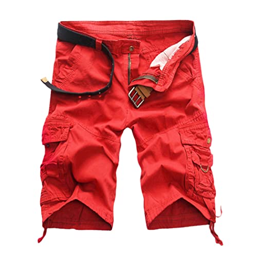 Salopette d'été homme rouge coupe droite short cargo multi-poches confortable 29W
